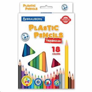 Карандаши цветные пластиковые BRAUBERG Premium 18шт трехгранные, грифель мягкий 3мм